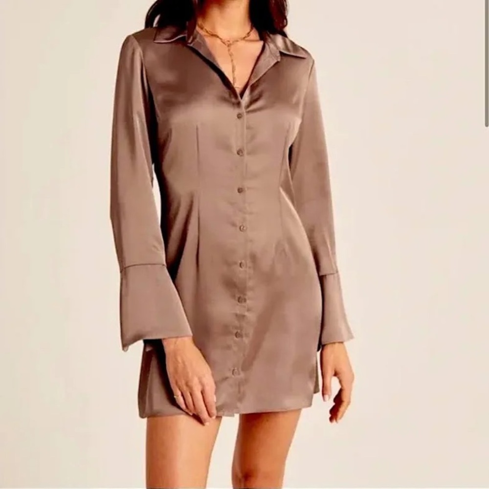 NWT Abercrombie & Fitch Long-Sleeve Satin Shirt Dress Brown Size XS